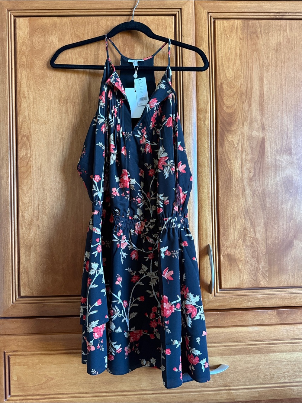 Joie Black Floral Mini Dress with Pink & Cream Flowers